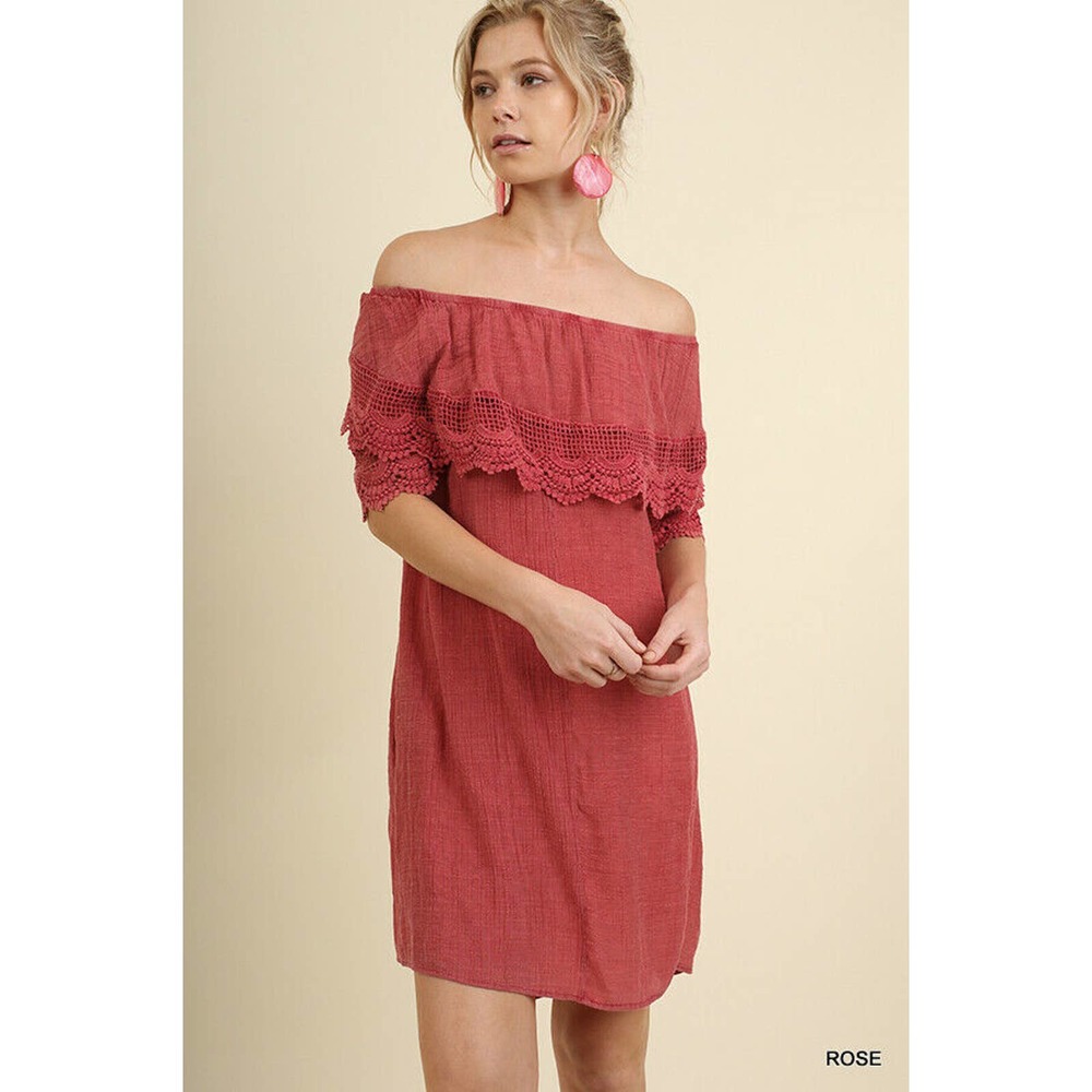 UMGEE Womens Boho Style Off the Shoulder Short Sleeve Dress G1006 - Rose NEW